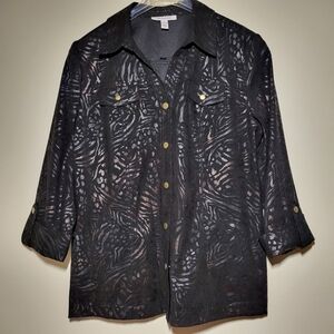 Vintage Black Button-up Blouse With Sleek, Shiny Silver And Copper Color Pattern